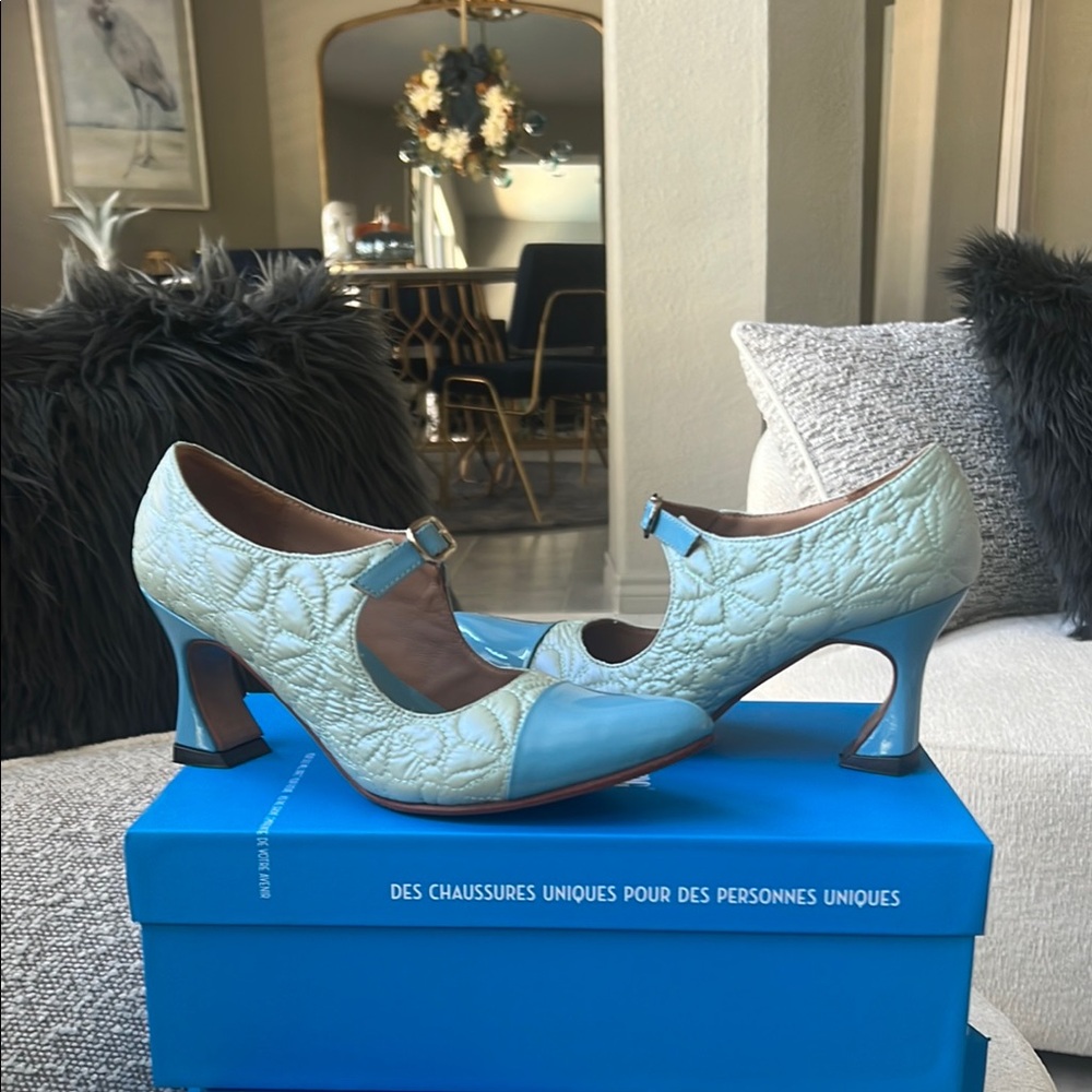 John Fluevog Quilted Heels in Light Blue and Very Light Green tones